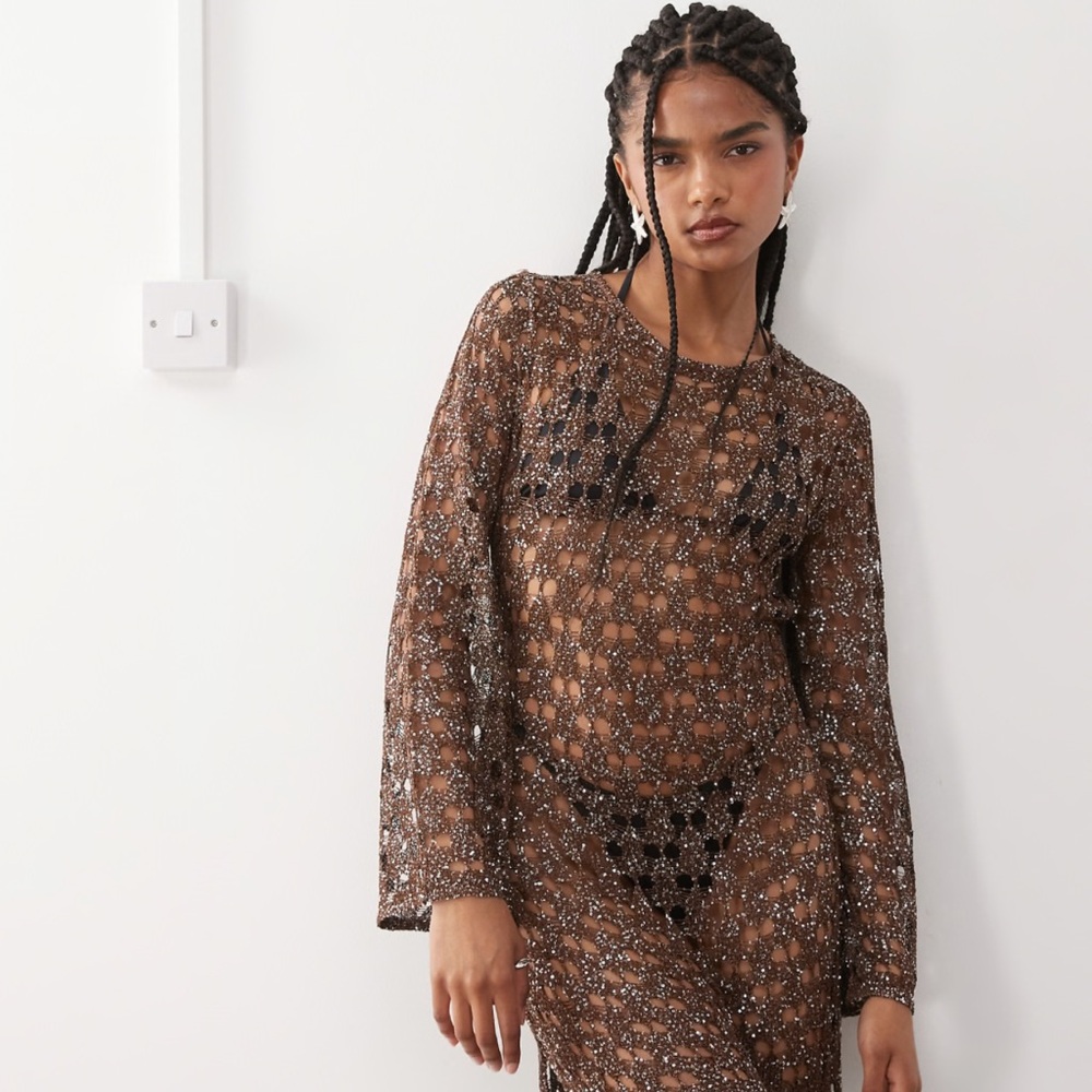 ASOS Brown Crochet Sequin Maxi Dress